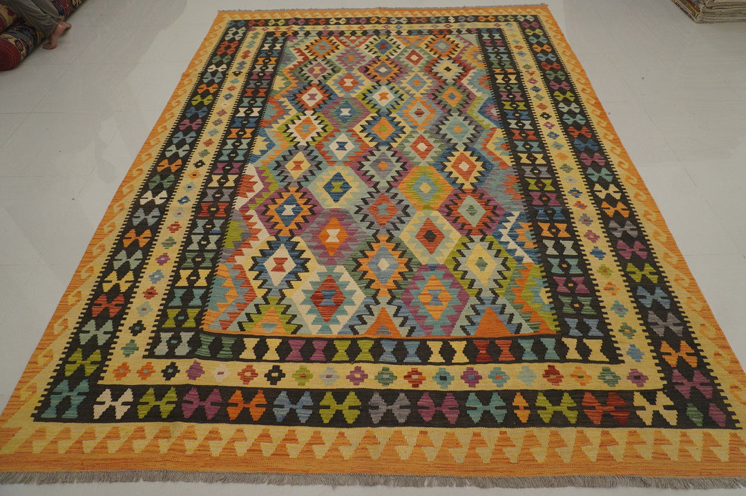 8'5x11'5 Afghan Kilim Orange Black Handmade Rug - Yildiz Rugs