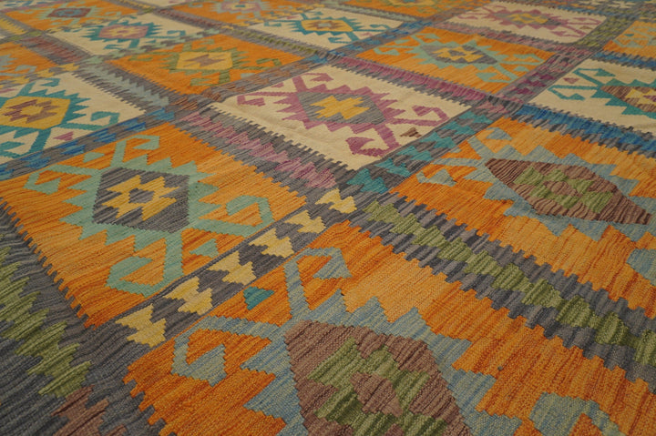 10x13 Afghan Kilim Gray Orange Handmade Wool rug - Yildiz Rugs