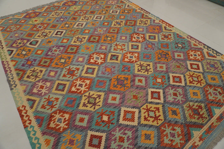8'2 x 11'1 ft Afghan Kilim Gray Handmade Rug - Yildiz Rugs