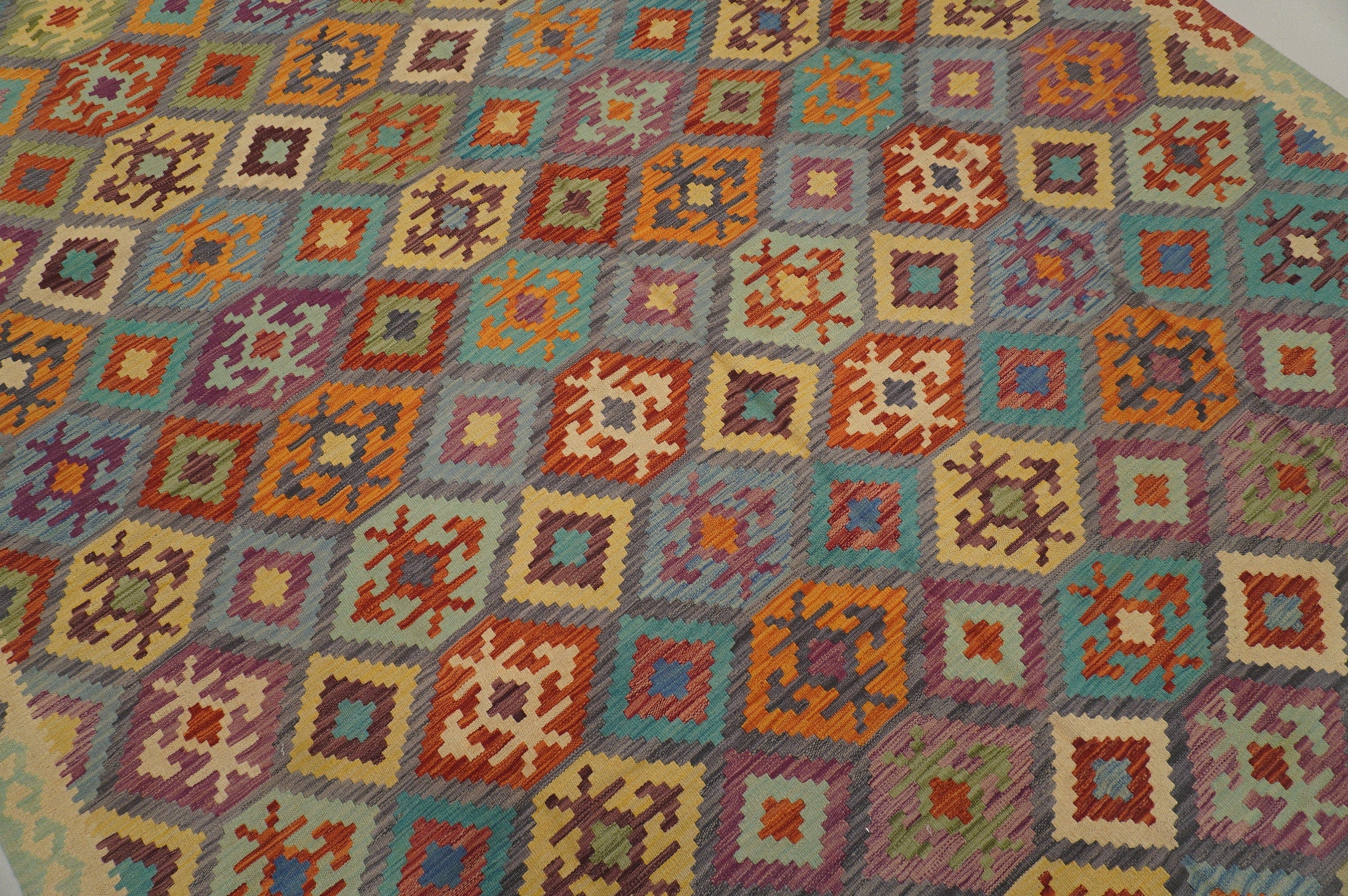 8'2 x 11'1 ft Afghan Kilim Gray Handmade Rug - Yildiz Rugs