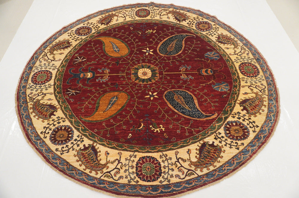 8x8 Round Suzani Red Beige Afghan Hand knotted Wool Circle Rug - Yildiz Rugs