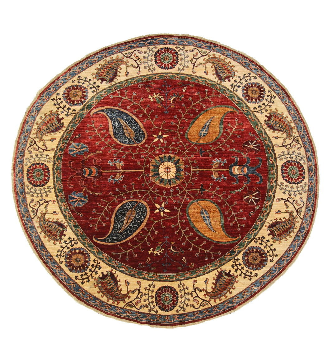 8x8 Round Suzani Red Beige Afghan Hand knotted Wool Circle Rug - Yildiz Rugs