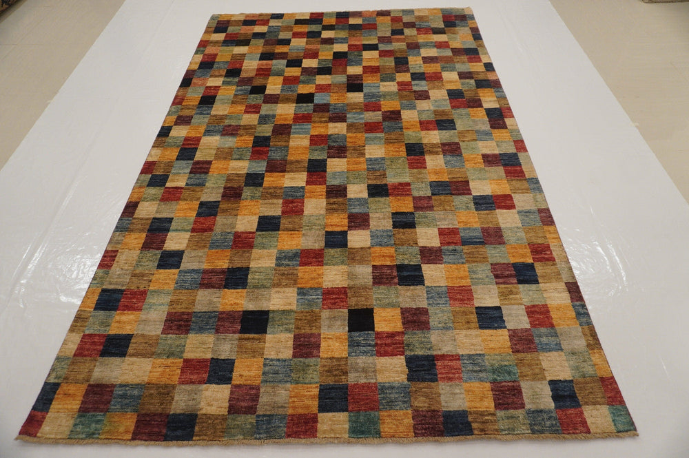 6x10 Checkered Gabbeh Multicolor Afghan Hand knotted Rug - Yildiz Rugs