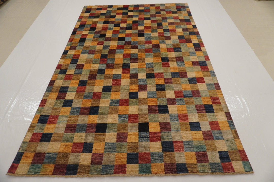 6x10 Checkered Gabbeh Multicolor Afghan Hand knotted Rug - Yildiz Rugs