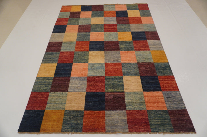 5x8 Checkered Multicolor box Gabbeh Afghan hand knotted Rug - Yildiz Rugs