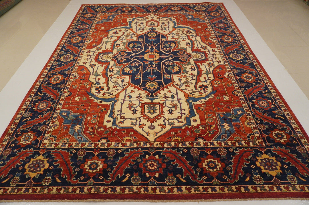 9x12 Heriz Red Beige Navy blue Persian style Hand Knotted Medallion Rug - Yildiz Rugs