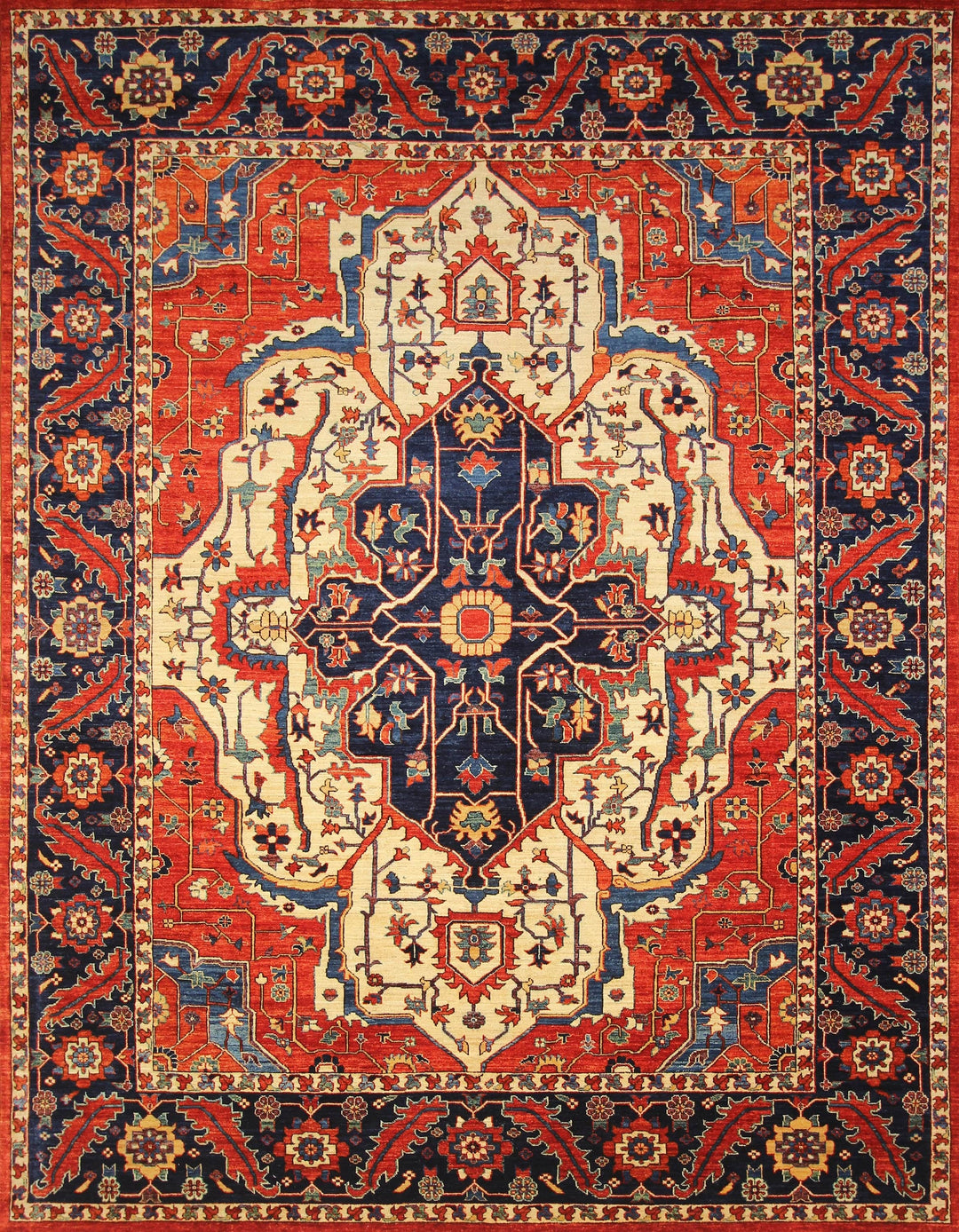 9x12 Heriz Red Beige Navy blue Persian style Hand Knotted Medallion Rug - Yildiz Rugs