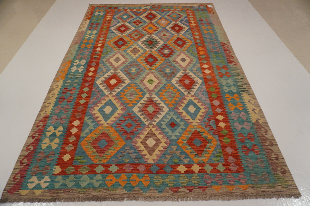 7x10 Afghan Kilim Turquoise Blue Gray handmade carpet - Yildiz Rugs