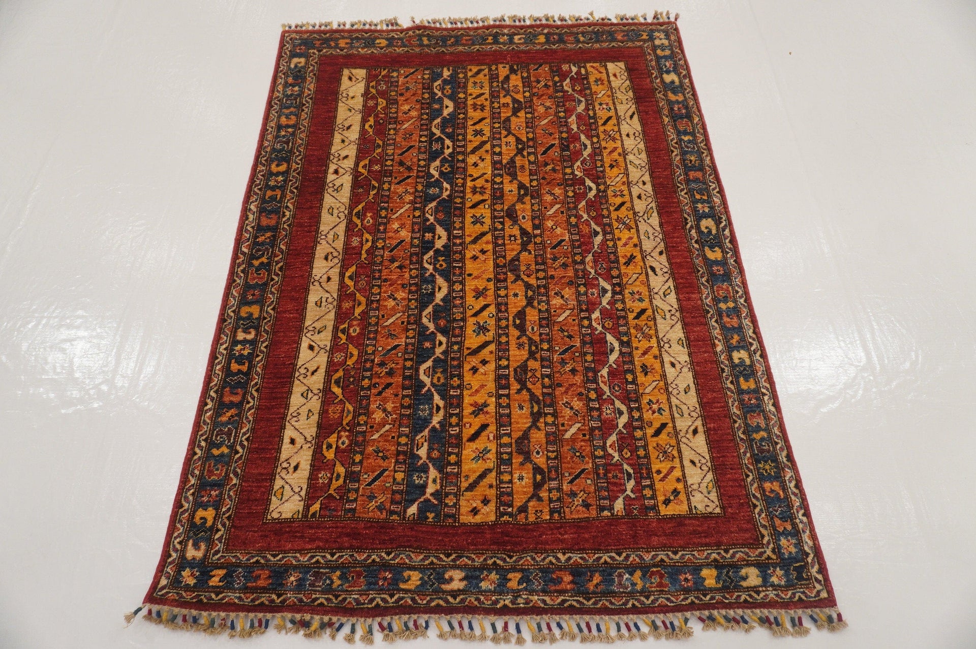 4x6 Turkish Red Shawl Hand knotted Wool Striped Rug - Yildiz Rugs