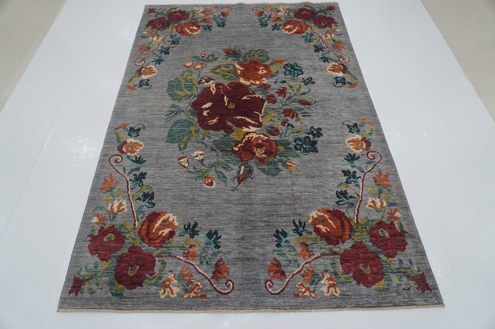 6x9 Floral Karabagh Gray Afghan Hand Knotted Wool Rug - Yildiz Rugs