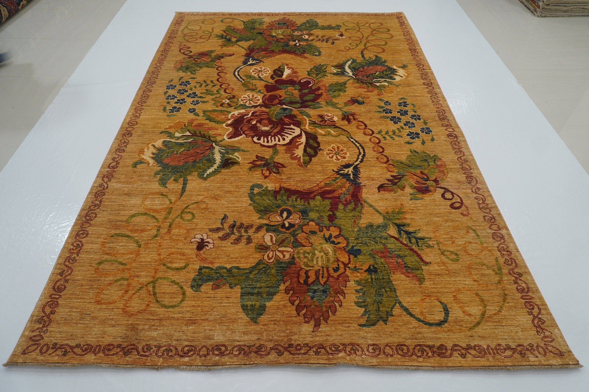 7x10 Floral Rose Brown Karabagh Afghan Hand Knotted Rug - Yildiz Rugs