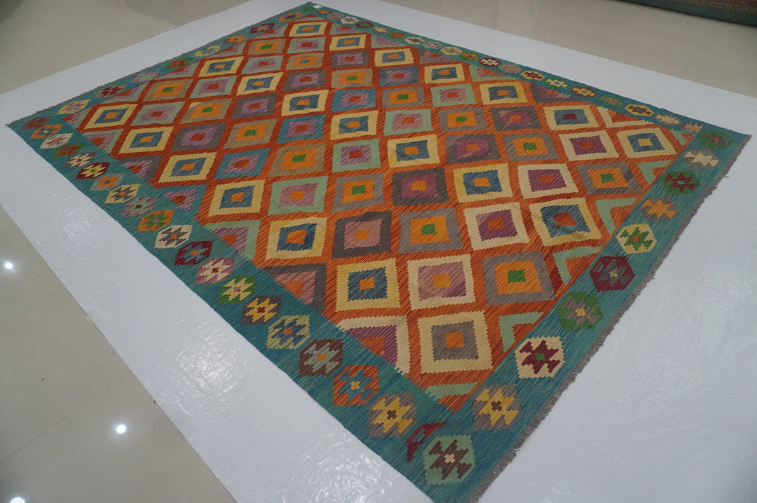 8'1 x 11'4 ft Afghan Kilim Orange Blue Handmade Rug - Yildiz Rugs