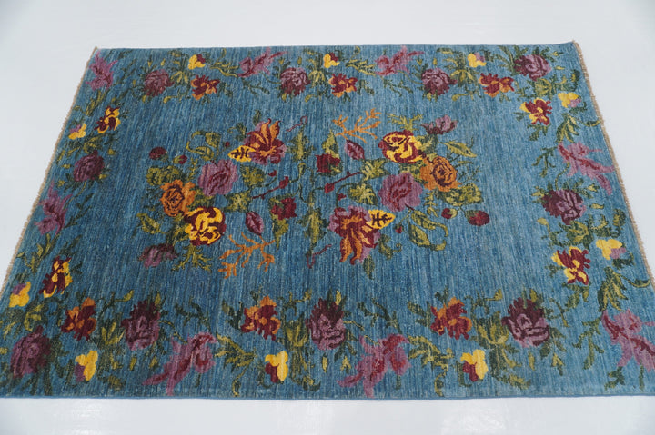 4x6 Floral Rose Blue purple Karabagh Afghan Hand Knotted Rug - Yildiz Rugs