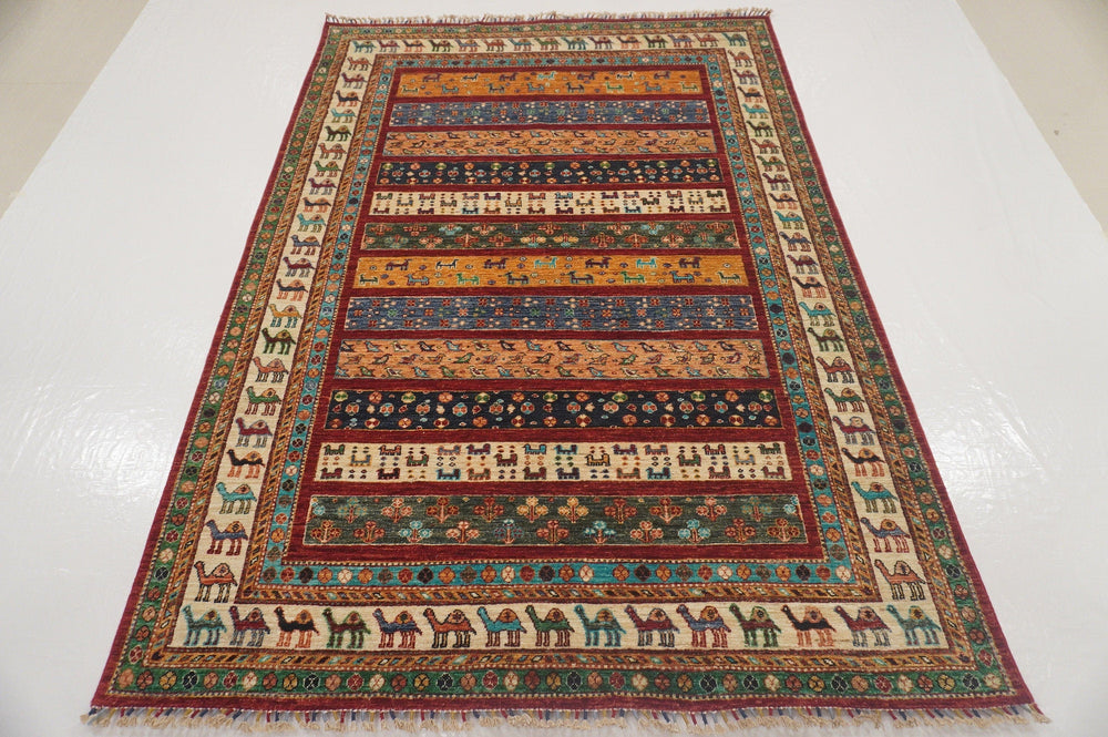 6x8 Gabbeh Beige Red Nomadic Tribal Afghan Handmade Rug - Yildiz Rugs