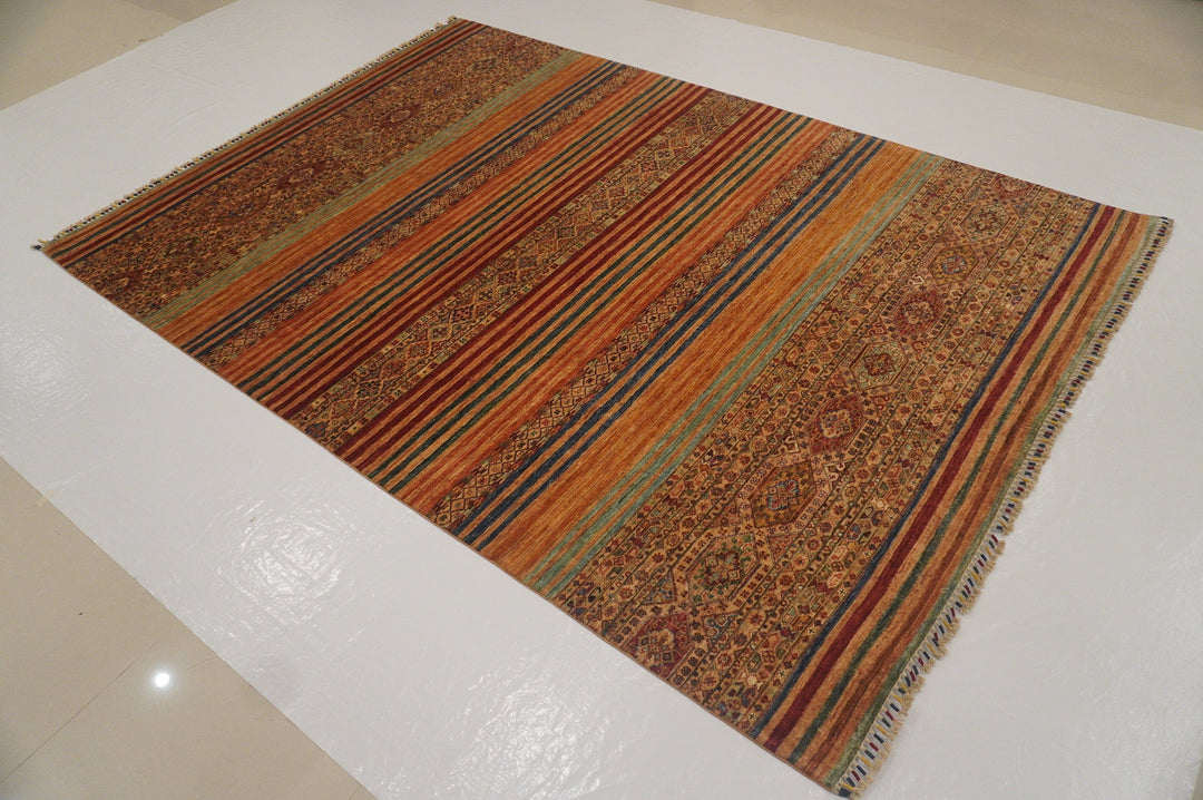 7x10 Stripe Brown Multicolor Afghan Hand knotted Rug - Yildiz Rugs