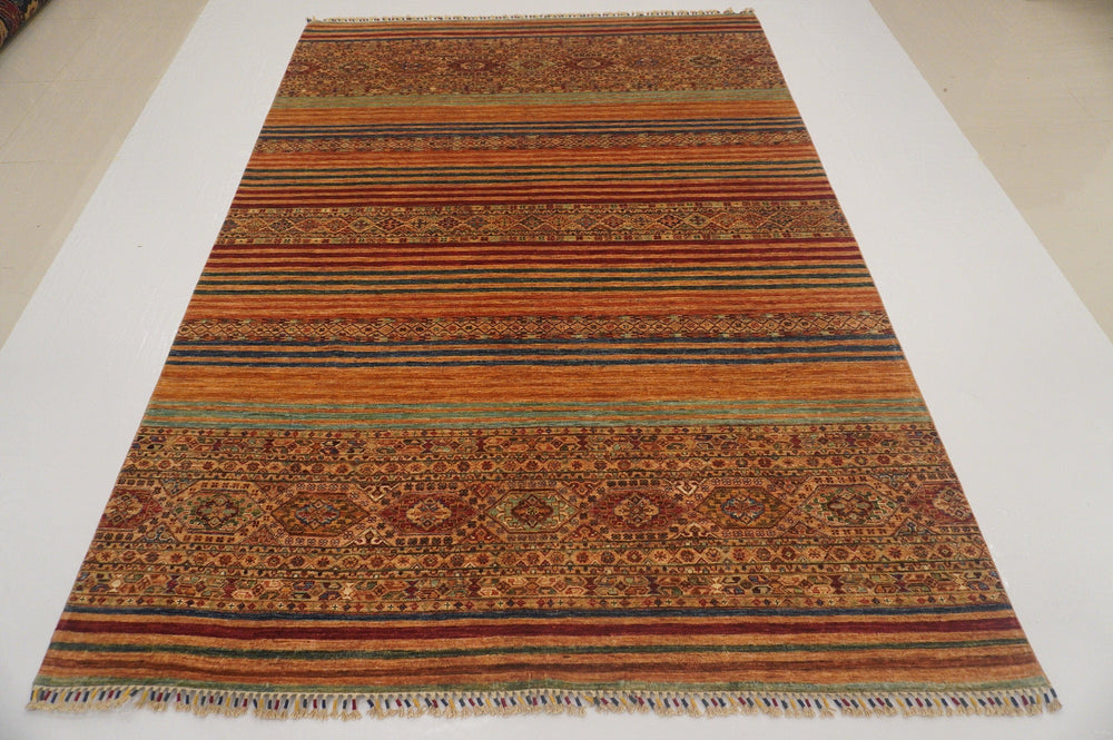 7x10 Stripe Brown Multicolor Afghan Hand knotted Rug - Yildiz Rugs