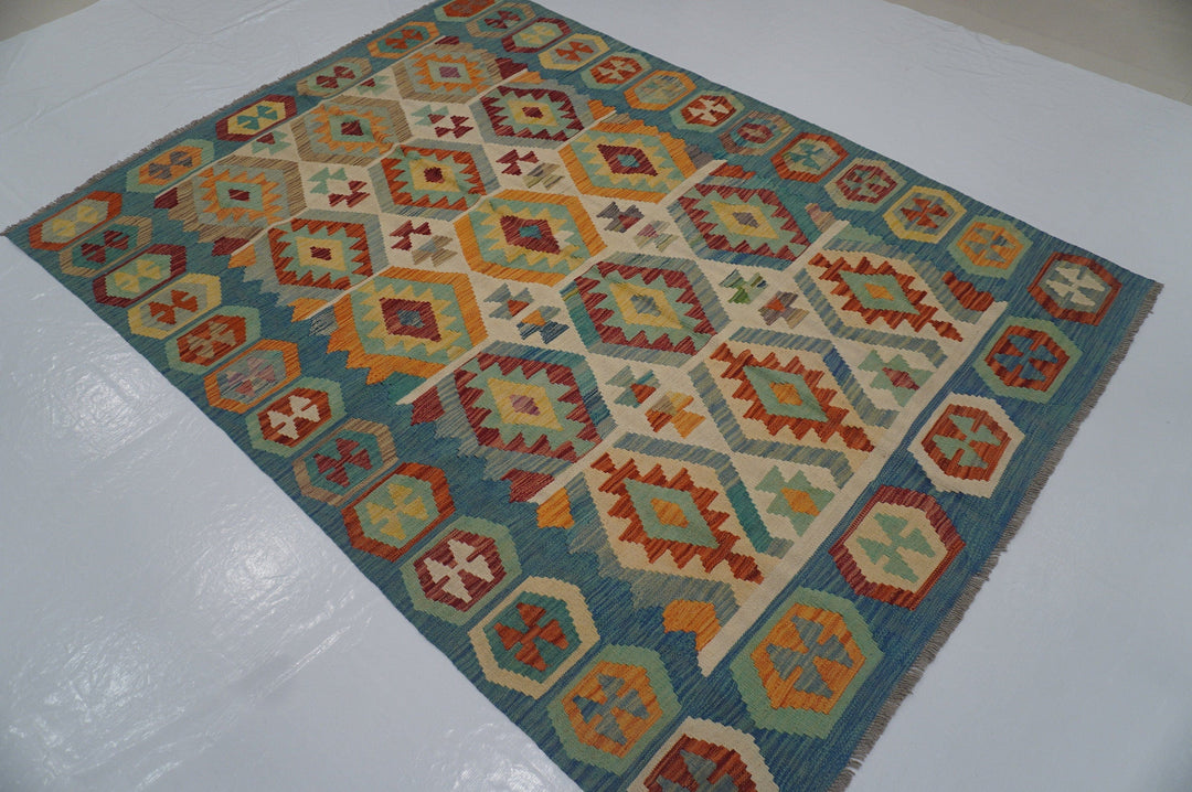 6x8 Afghan Kilim Beige Blue Handwoven rug - Yildiz Rugs