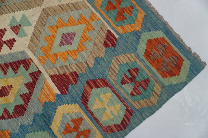 6x8 Afghan Kilim Beige Blue Handwoven rug - Yildiz Rugs