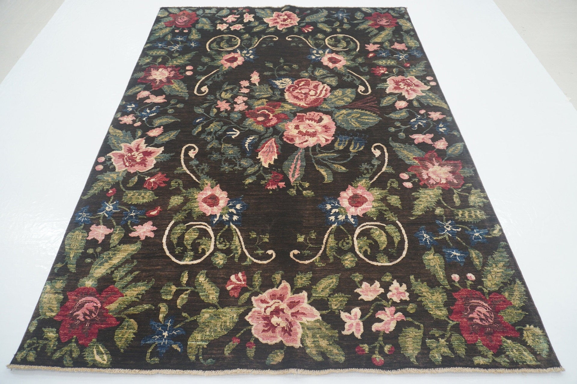 6x8 Floral Rose Dark Brown Karabagh Afghan Hand Knotted Rug - Yildiz Rugs