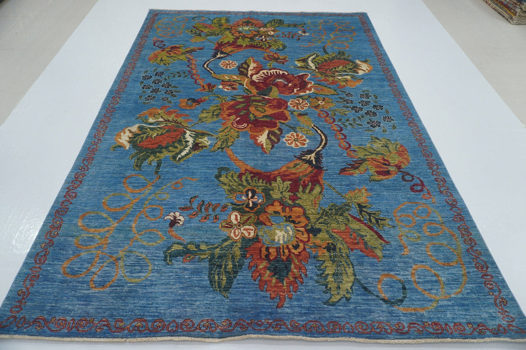 7x10 Floral Rose Blue Karabagh Afghan Hand Knotted Rug - Yildiz Rugs