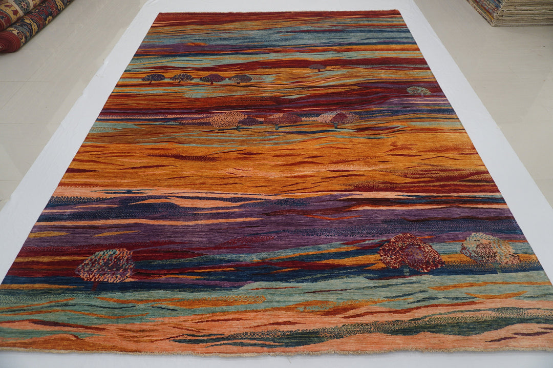 9x12 Gabbeh Hazy sunset landscape trees Hand knotted Area Rug - Yildiz Rugs