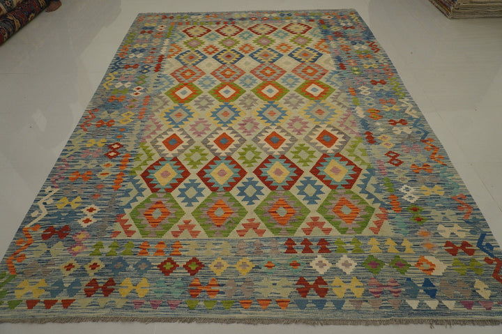 8'5 x 11'5 ft Afghan Kilim Blue Handmade Rug - Yildiz Rugs