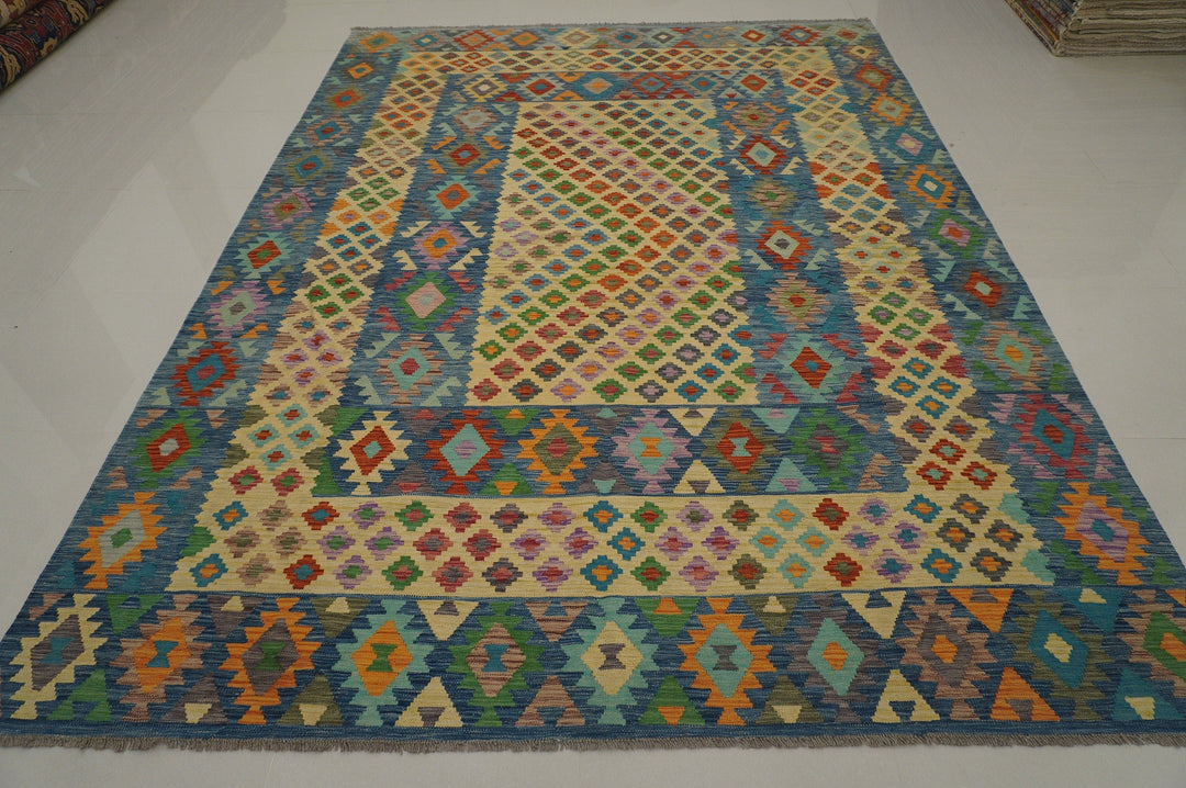 8'7x11'2 Afghan Kilim Beige Blue Handmade Boho Area Rug - Yildiz Rugs