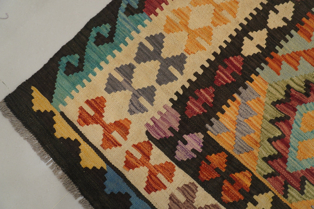 8'2x11'3 ft Afghan Kilim Black Multicolor Handmade Rug - Yildiz Rugs