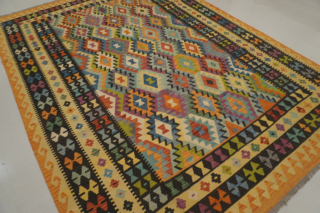 8'5x11'5 Afghan Kilim Orange Black Handmade Rug - Yildiz Rugs