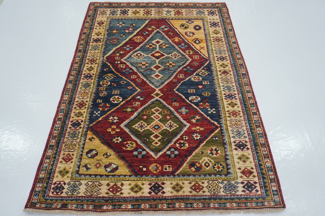 4x6 Tribal Gabbeh Red Blue Green Hand Knotted Rug - Yildiz Rugs