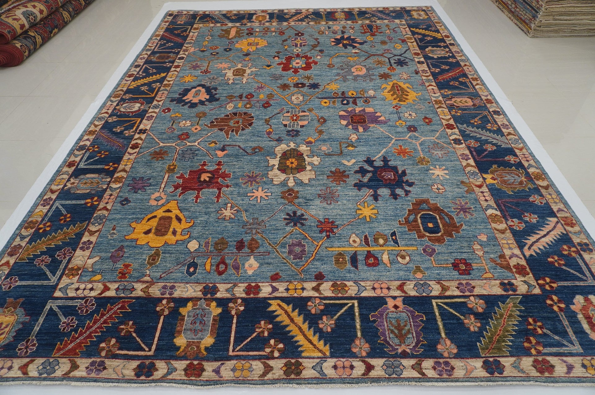 10x14 Blue Hand Knotted Turkish Oushak Rug - Yildiz Rugs
