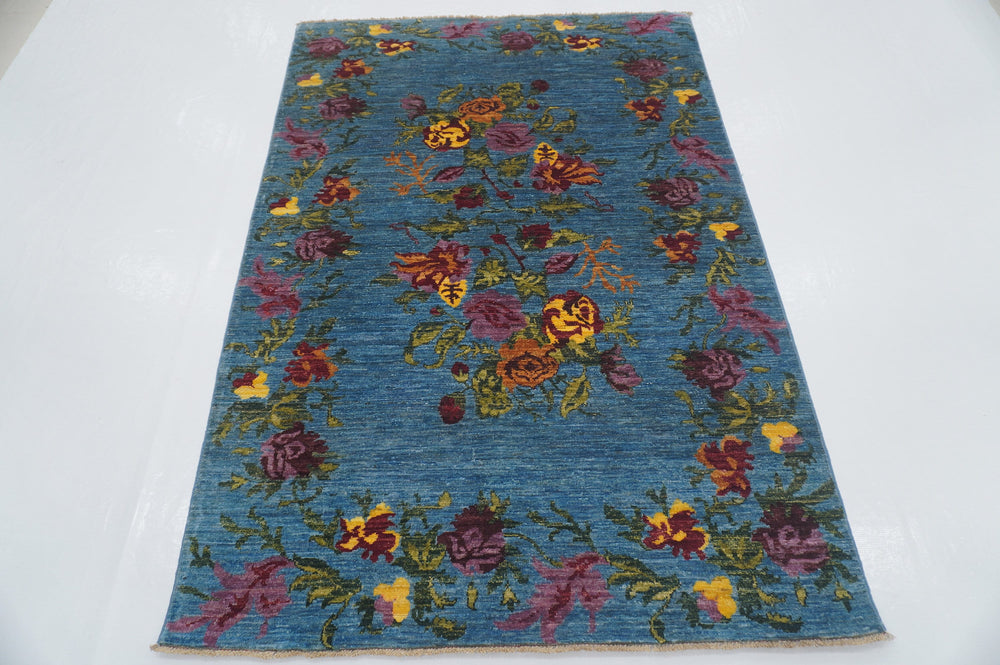 4x6 Floral Rose Blue purple Karabagh Afghan Hand Knotted Rug - Yildiz Rugs