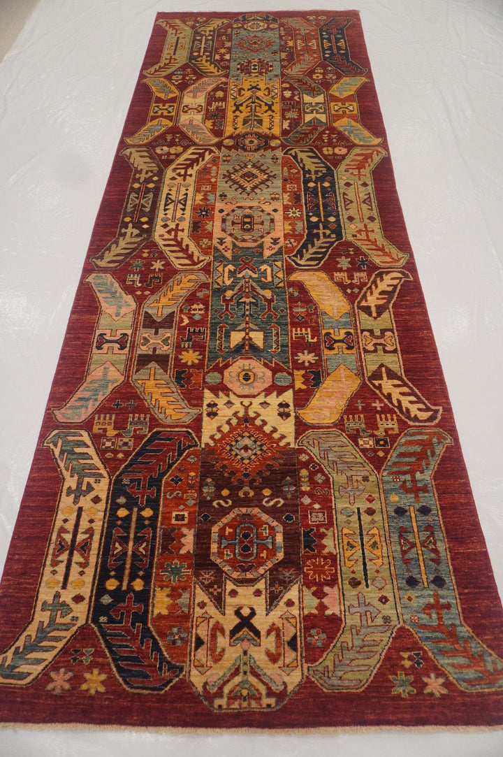 4x12 Baluch Red Transitional Afghan Hand knotted Wide Runner Rug - Yildiz Rugs