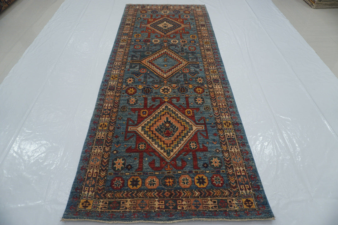 4x10 Kazak Blue Caucasian Afghan Hand knotted Wide Runner Rug - Yildiz Rugs