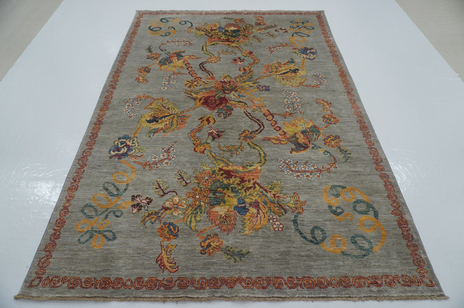 6x8 Floral Rose Grey Karabagh Afghan Hand Knotted Rug - Yildiz Rugs