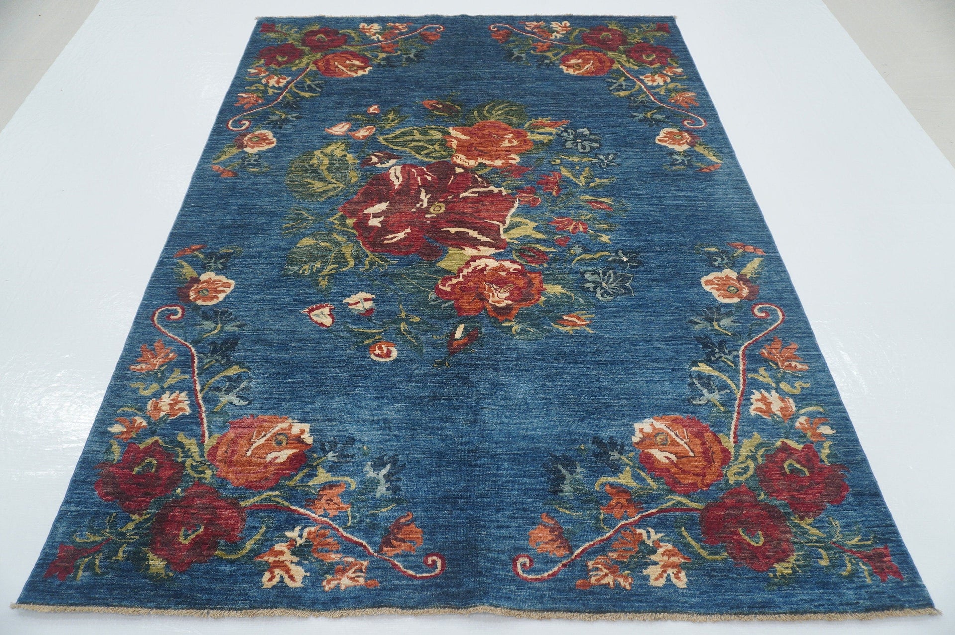 6x8 Floral Rose Dark Blue Karabagh Afghan Hand Knotted Rug - Yildiz Rugs