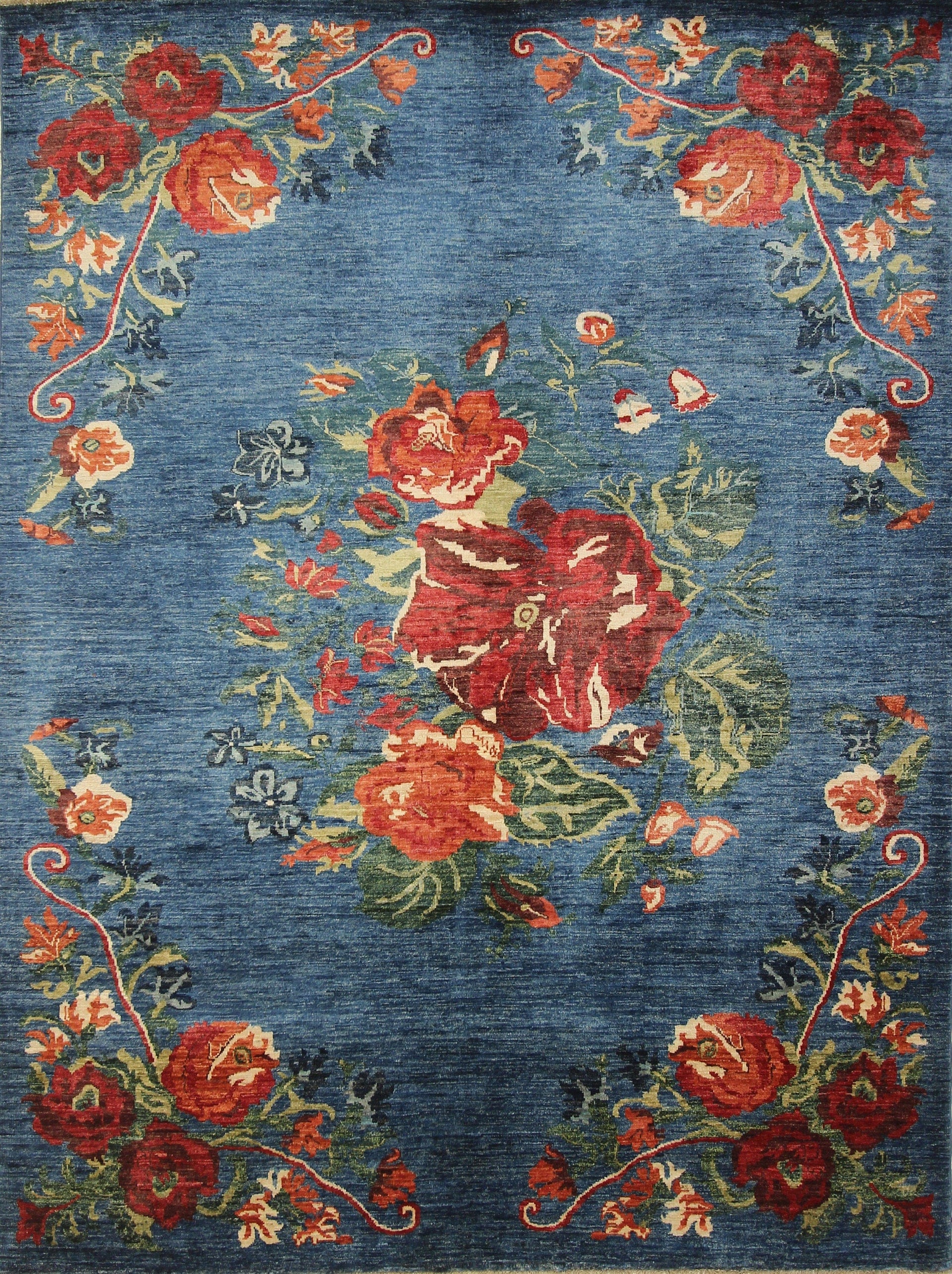 6x8 Floral Rose Dark Blue Karabagh Afghan Hand Knotted Rug - Yildiz Rugs