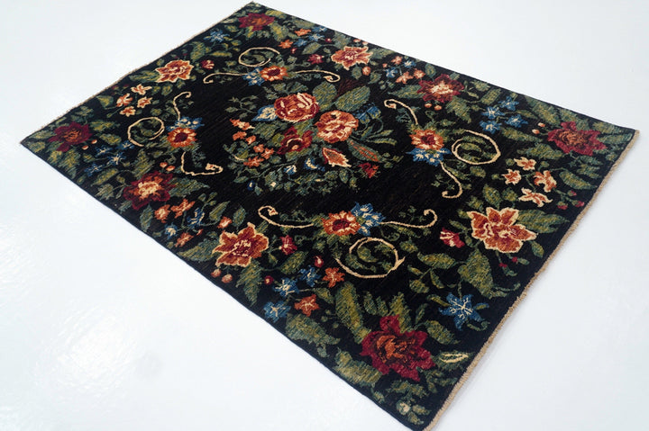 4x6 Floral Rose Black Green Karabagh Afghan Hand Knotted Rug - Yildiz Rugs