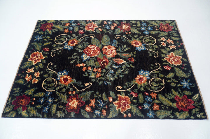 4x6 Floral Rose Black Green Karabagh Afghan Hand Knotted Rug - Yildiz Rugs