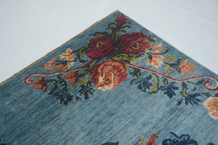 6x9 Floral Rose Karabagh Pastel Blue Afghan Hand Knotted Rug - Yildiz Rugs