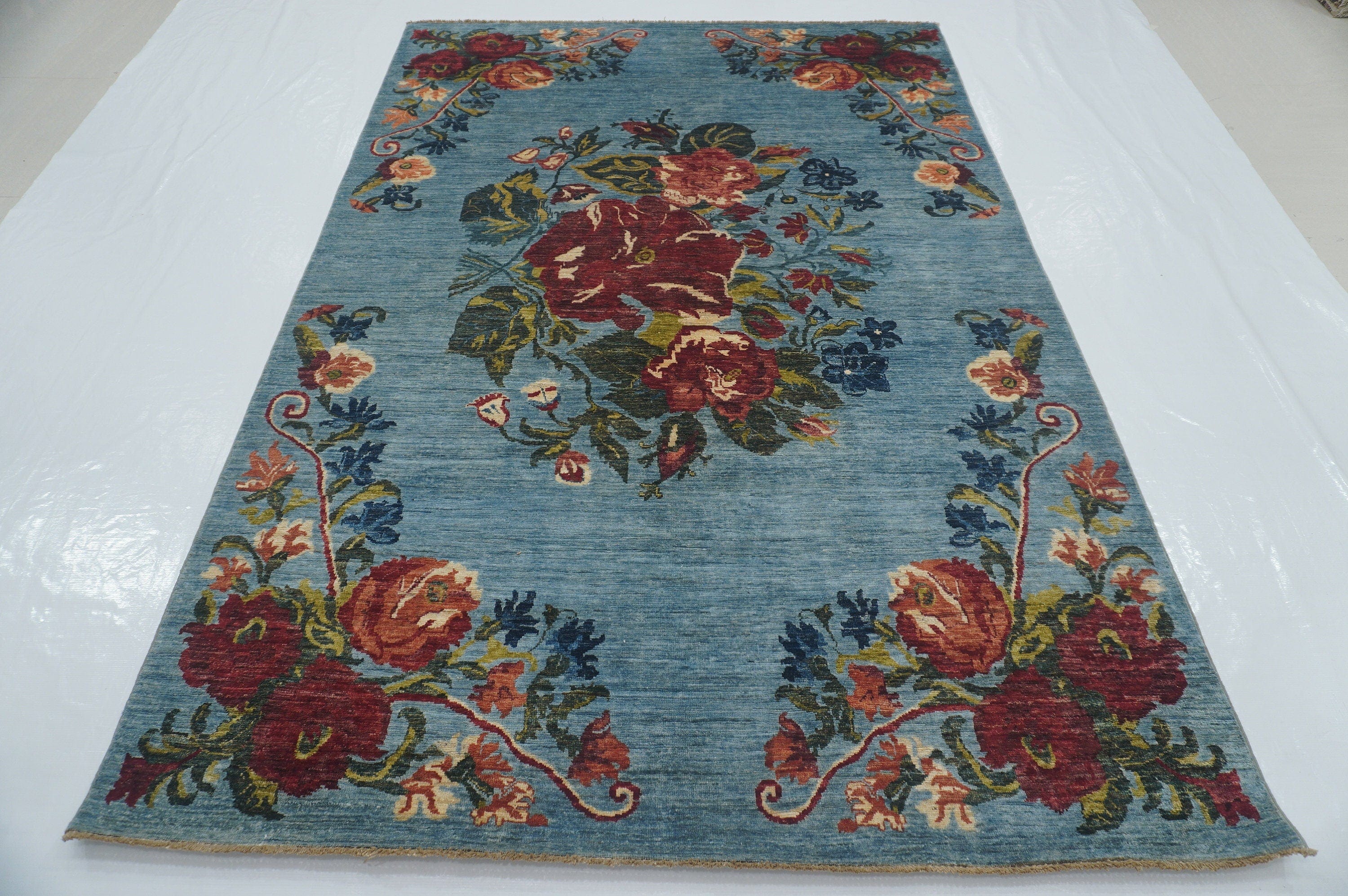 6x9 Floral Rose Karabagh Pastel Blue Afghan Hand Knotted Rug - Yildiz Rugs