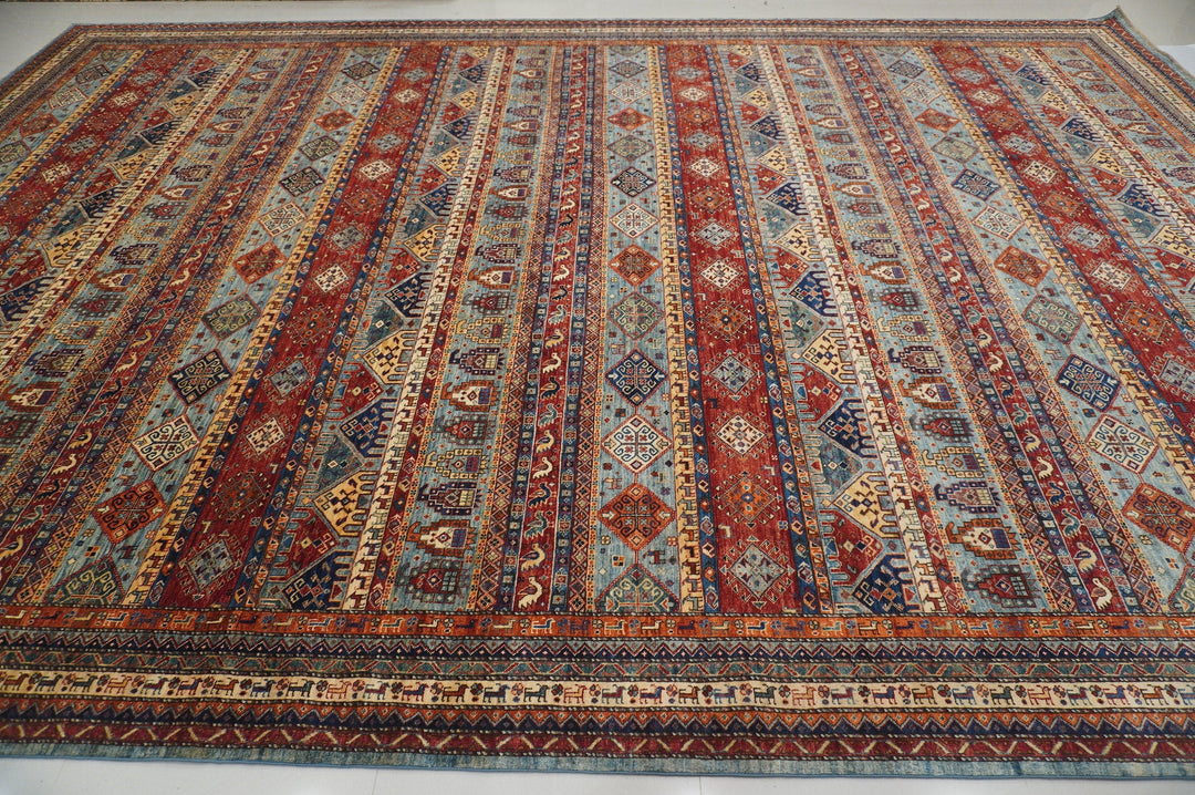 12x18 Tribal Gabbeh Blue Red Afghan Hand knotted Wool Palace Size Rug - Yildiz Rugs