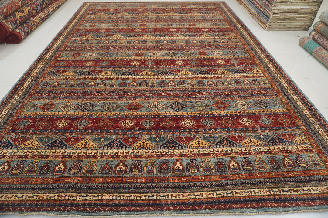 12x18 Tribal Gabbeh Blue Red Afghan Hand knotted Wool Palace Size Rug - Yildiz Rugs