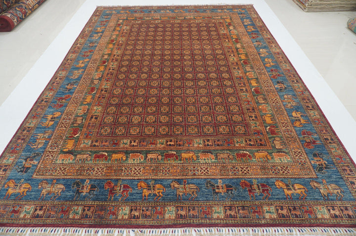 9x12 Tribal Pazyryk Red Blue Green Afghan Hand Knotted Rug - Yildiz Rugs