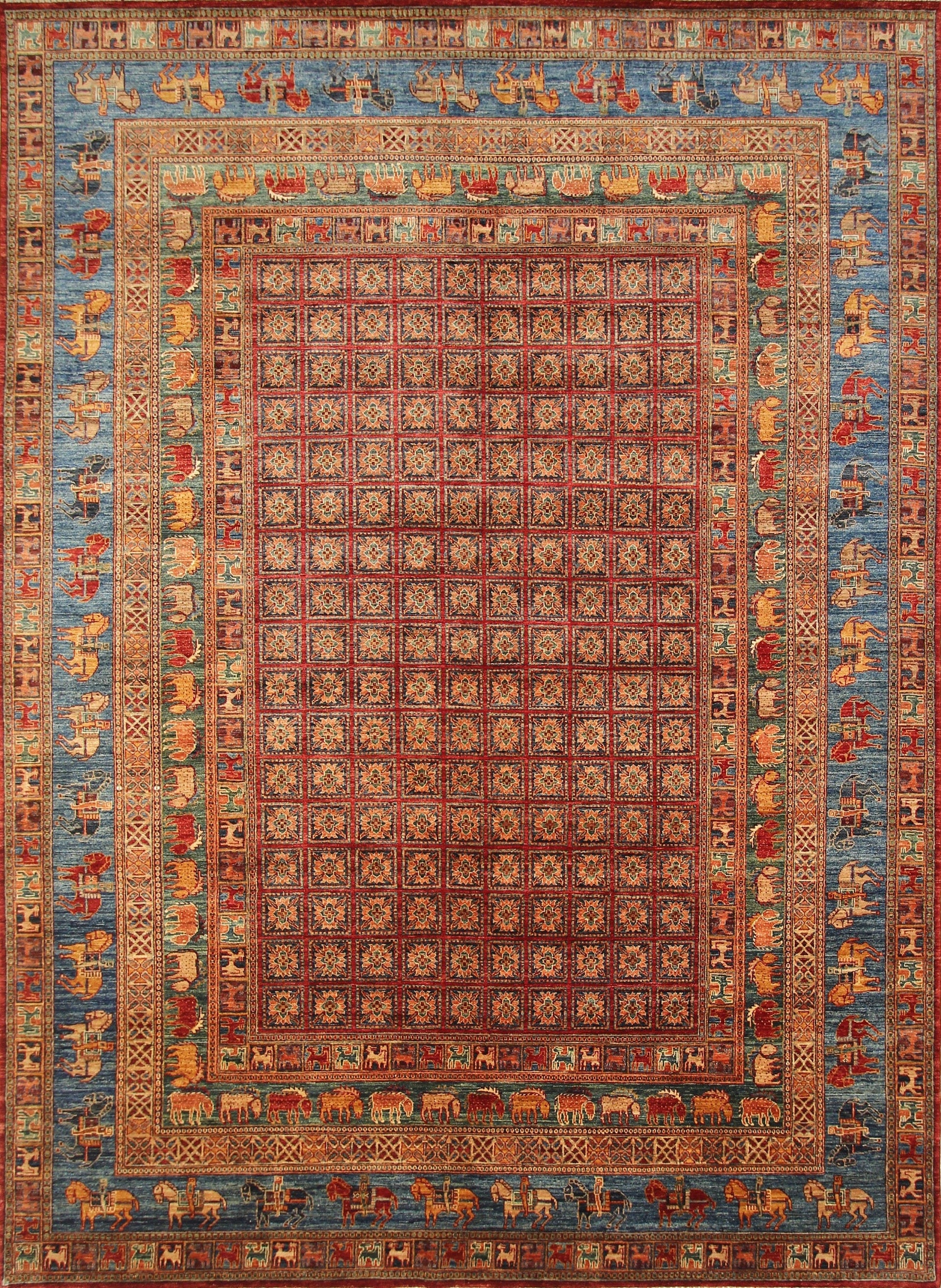 9x12 Tribal Pazyryk Red Blue Green Afghan Hand Knotted Rug - Yildiz Rugs