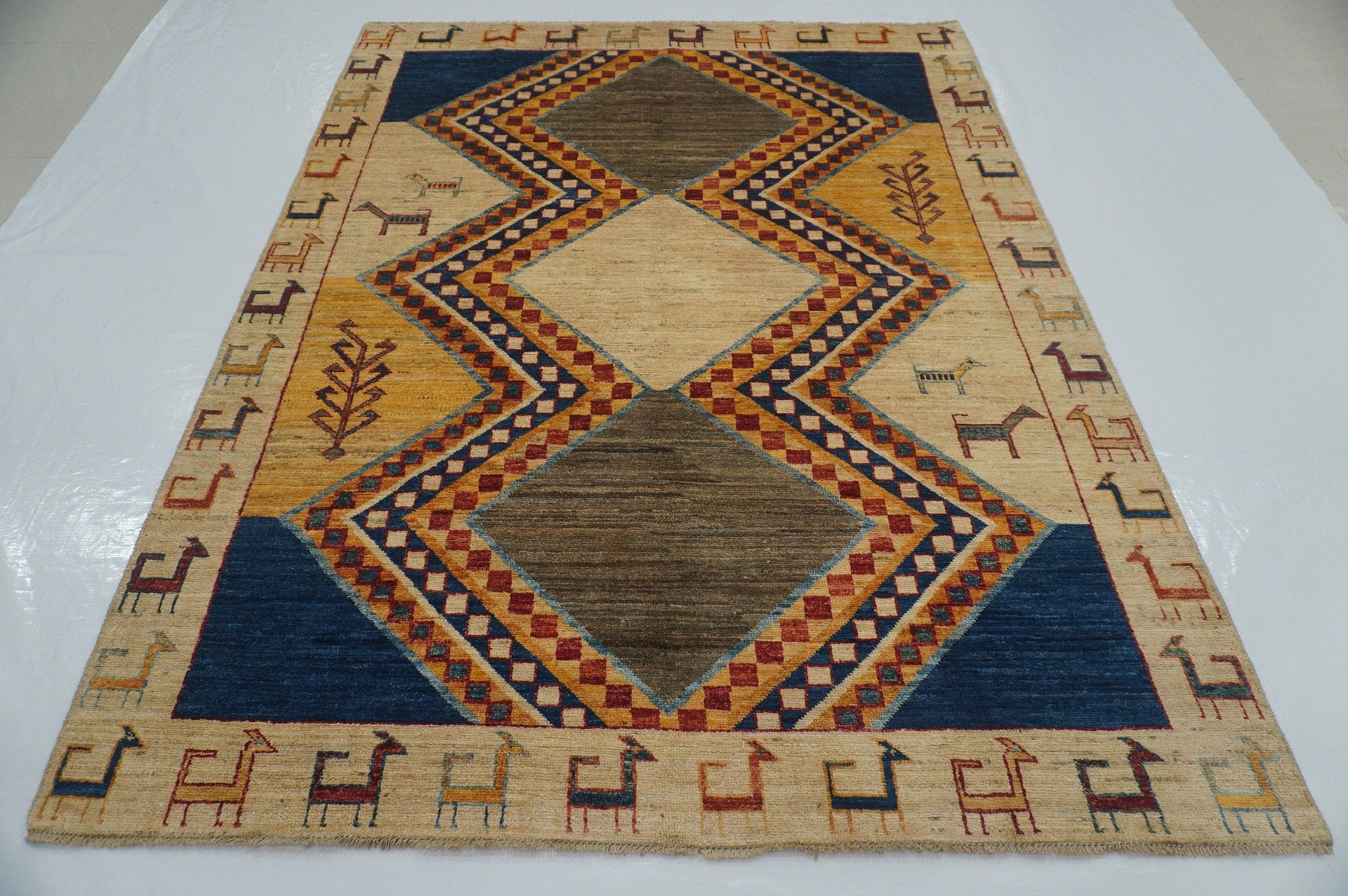 6'0 x 7'9 ft Beige Tribal Gabbeh Afghan Hand knotted Rug - Yildiz Rugs