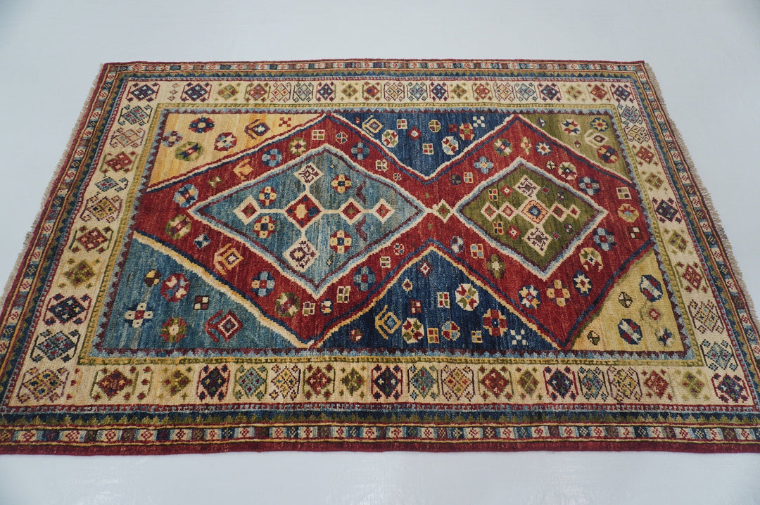 4x6 Tribal Gabbeh Red Blue Green Hand Knotted Rug - Yildiz Rugs