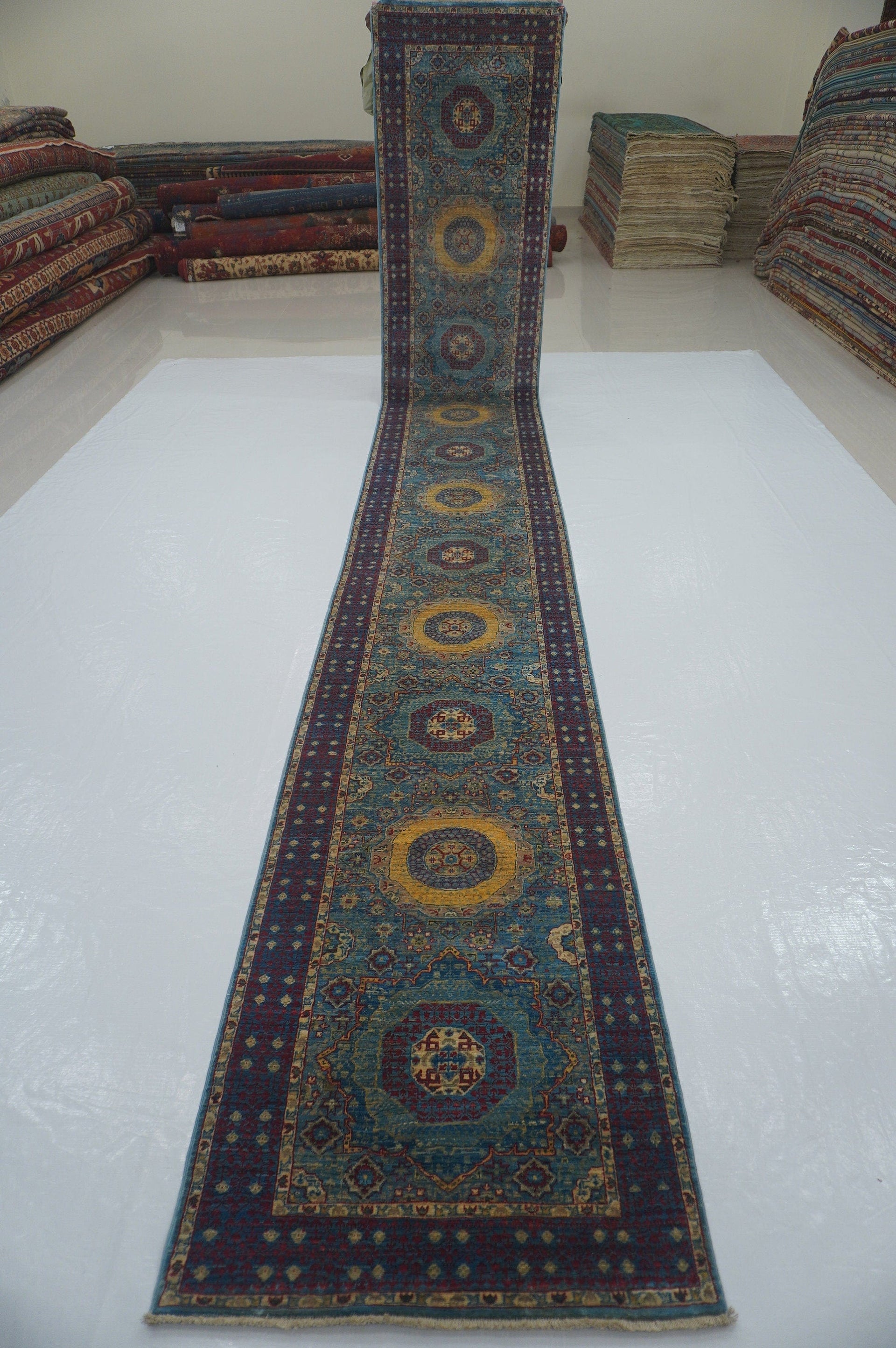 17 Ft Mamluk Blue Turkish Hand knotted Runner Rug - Yildiz Rugs