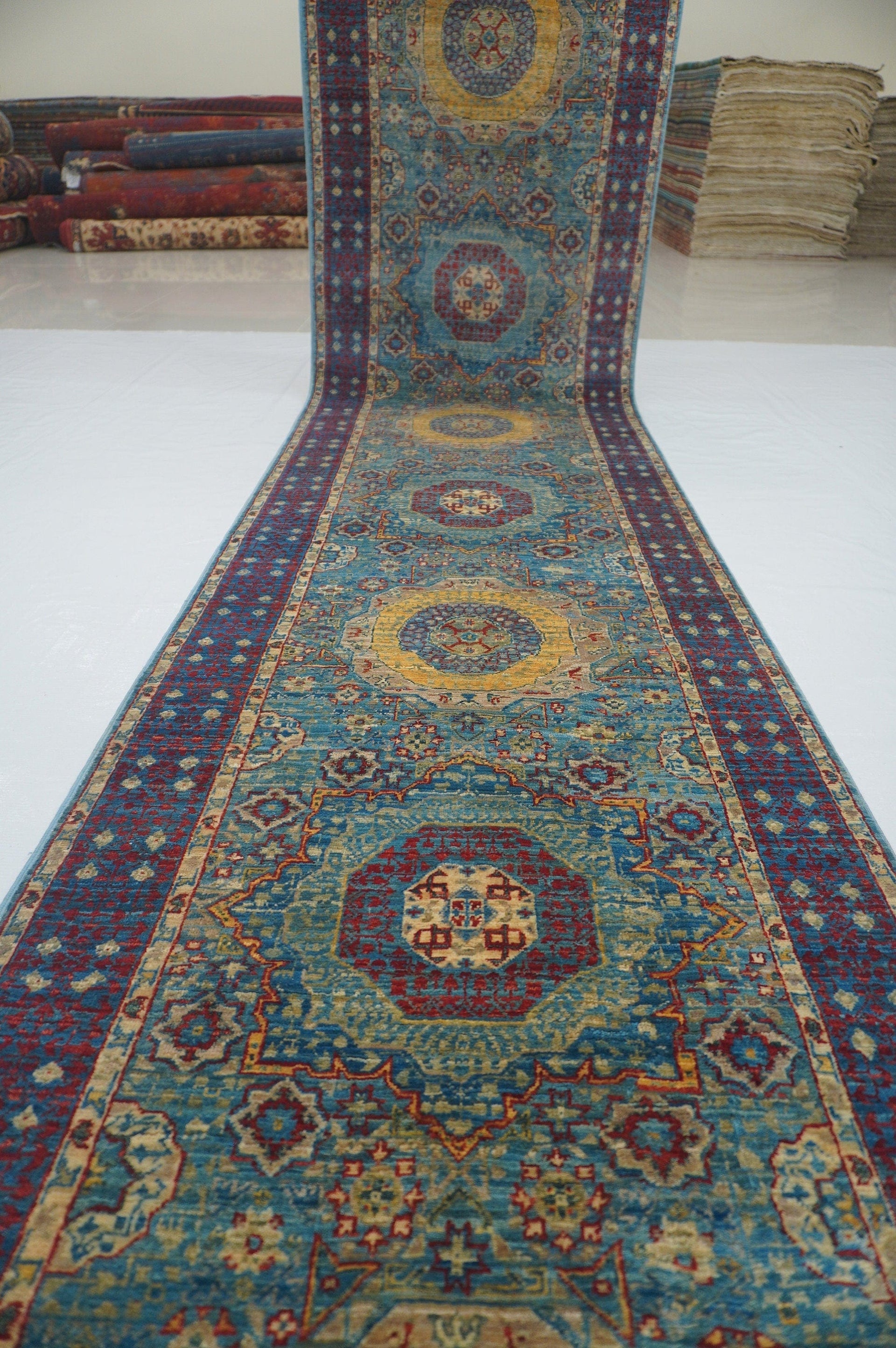 17 Ft Mamluk Blue Turkish Hand knotted Runner Rug - Yildiz Rugs