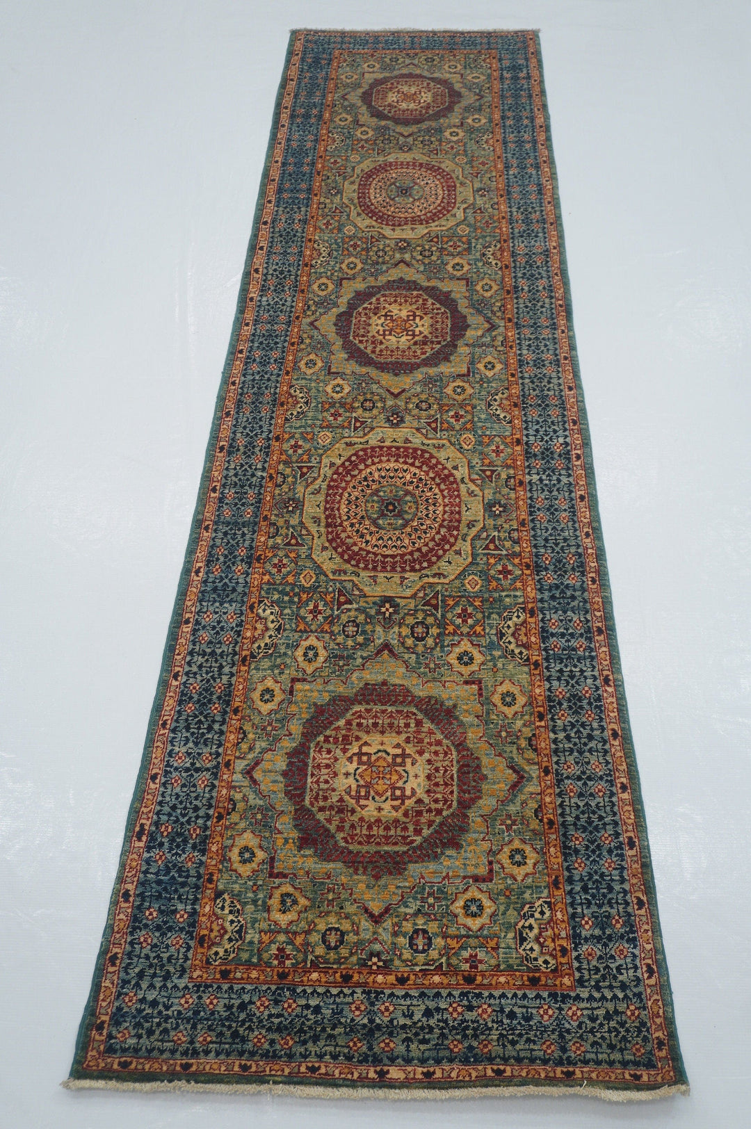 9 ft Green Mamluk knotted Turkish Runner Rug - Yildiz Rugs